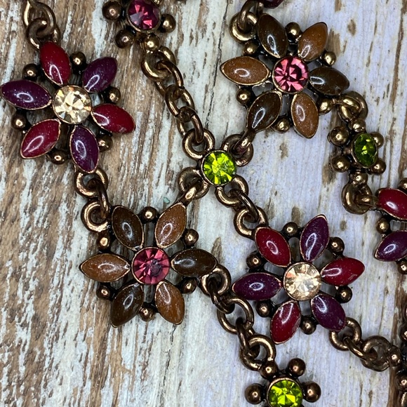 VTG Multi-Chain Crystal & Enamel Flowers Necklace w Purple Crystal Dangle - Picture 4 of 9